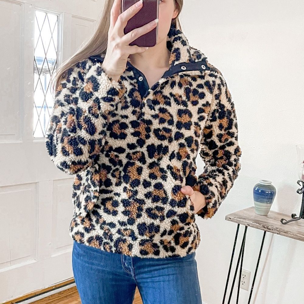 J Crew Vintage Fleece Snap-Collar Sherpa Fleece Pullover Leopard XXS